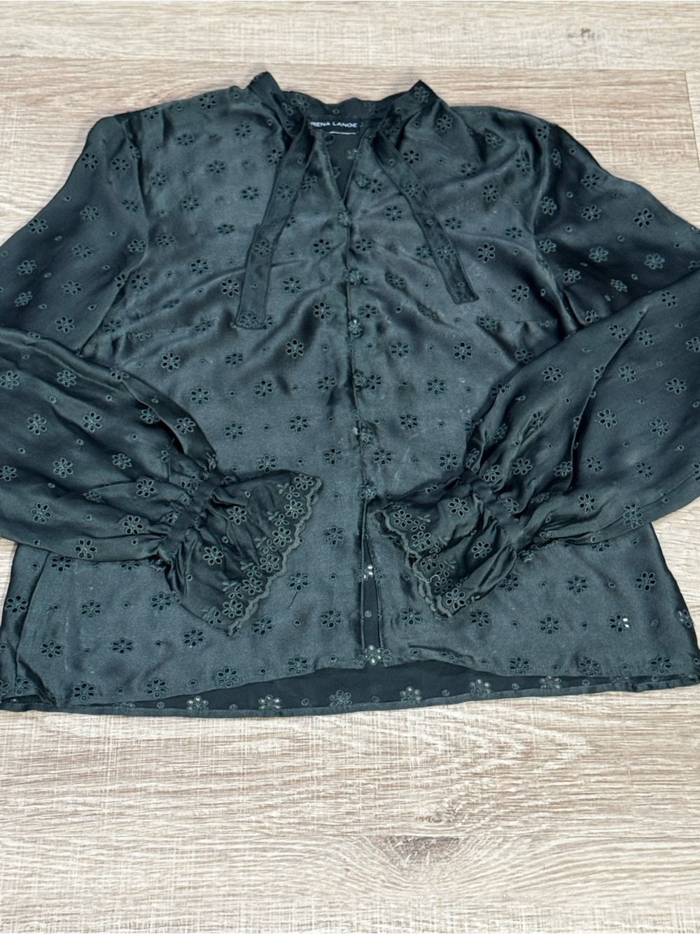 Rena Lange 100% Silk Dark Green Eyelet Embroidered Blouse US 8